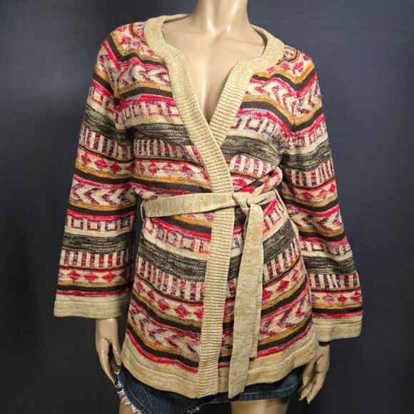Vintage 70s Boho Belted Cardigan Womens Size S Beige Aztec Print Flared Sleeves - Picture 1 of 11